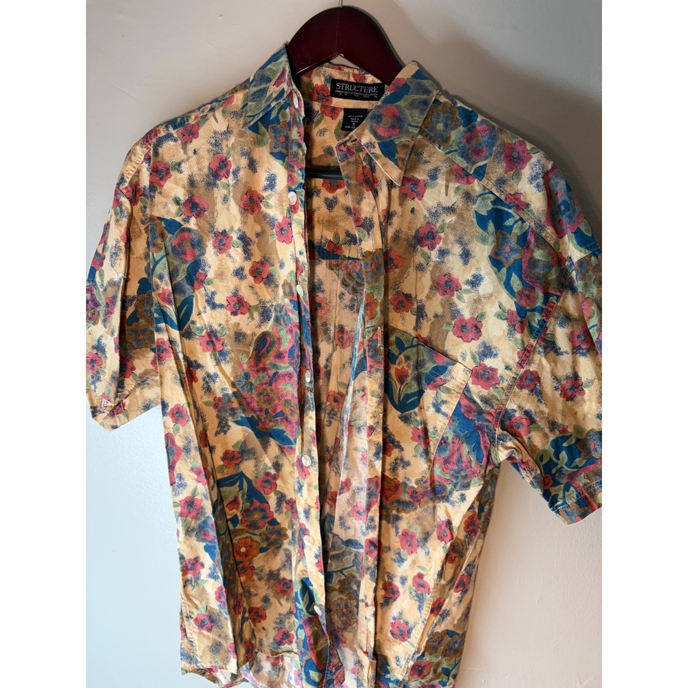 Structure Vintage Mens Floral Paisley Cotton Short Sleeve Button Down Shirt S